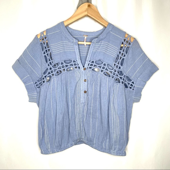 NEW Free People Cedar Lace Trim Popover Blouse Top Blue Gauze Cotton Medium - Picture 4 of 11